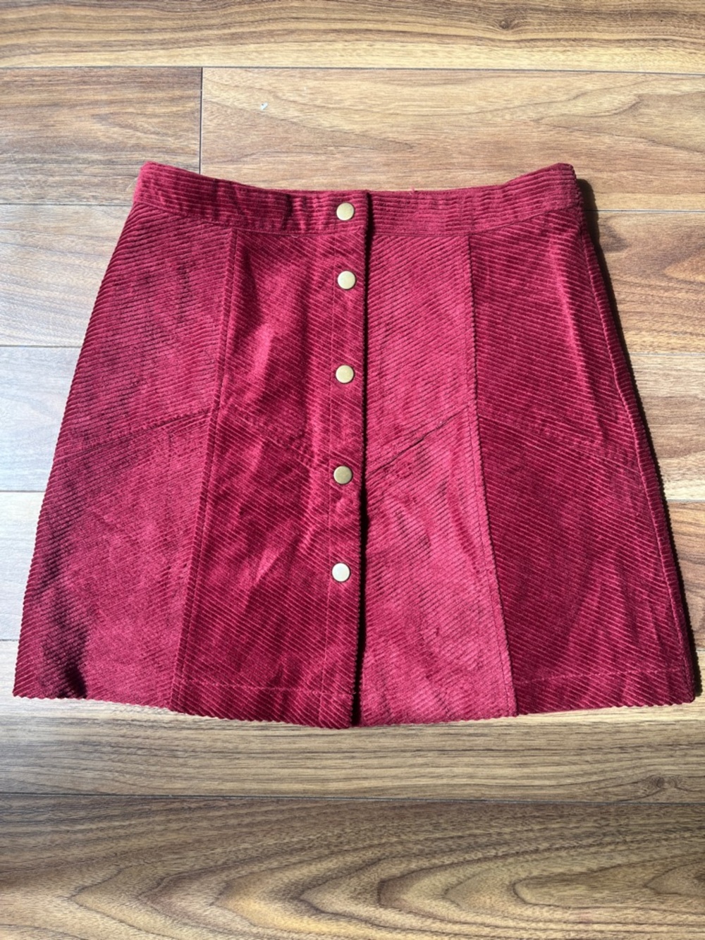 Women Gold Button-Front Red Corduroy Mini Skirt Plain A-Line